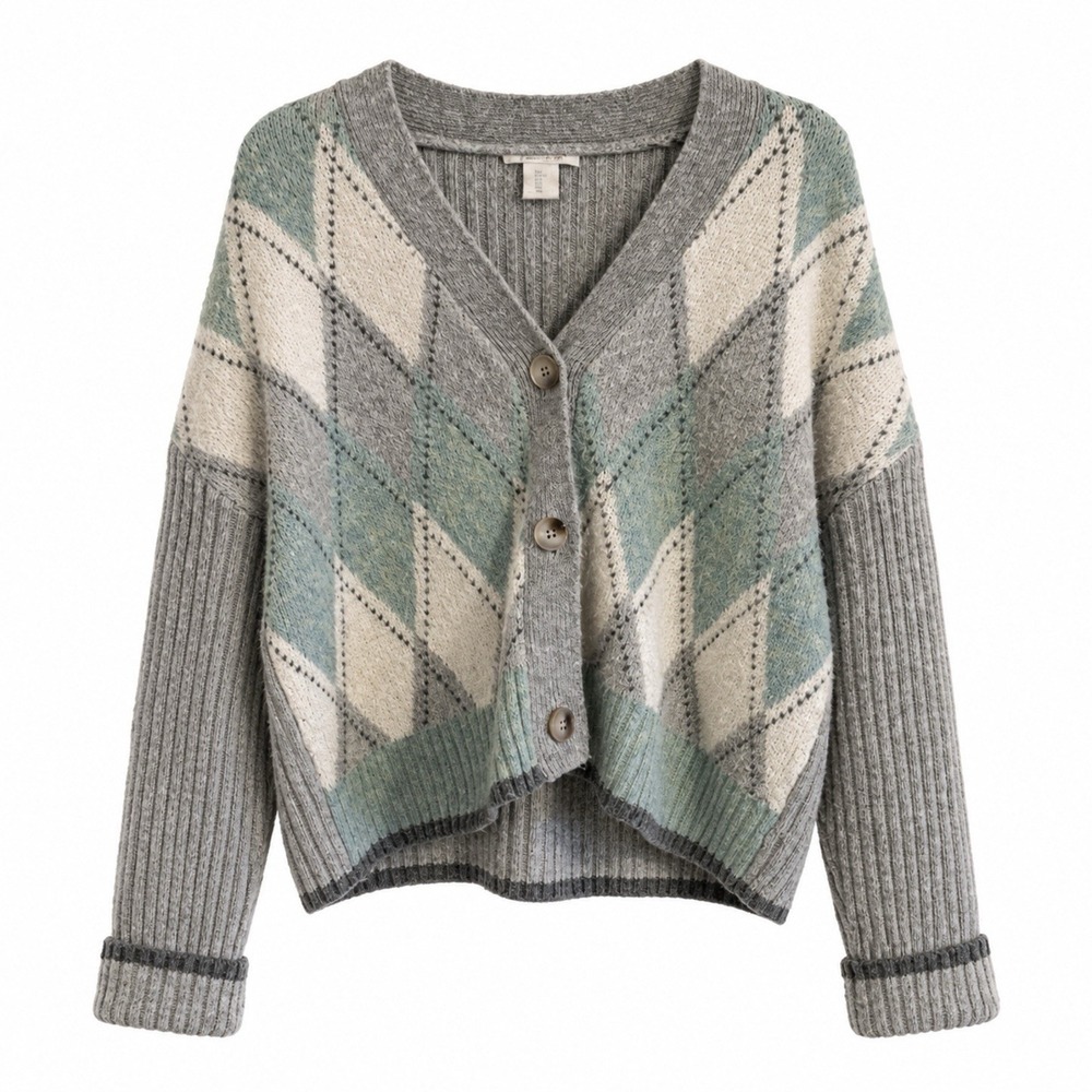 Rachel Zoe Argyla Patterned Gray Sage Green V-Neck Cardigan Large